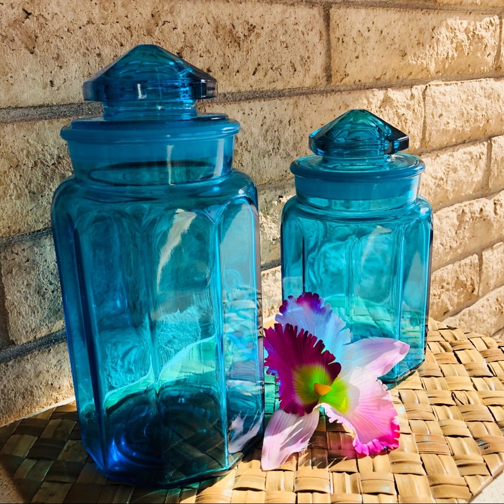 MCM VINTAGE L. E. SMITH BLUE GLASS CANISTER SET π - Picture 2 of 6